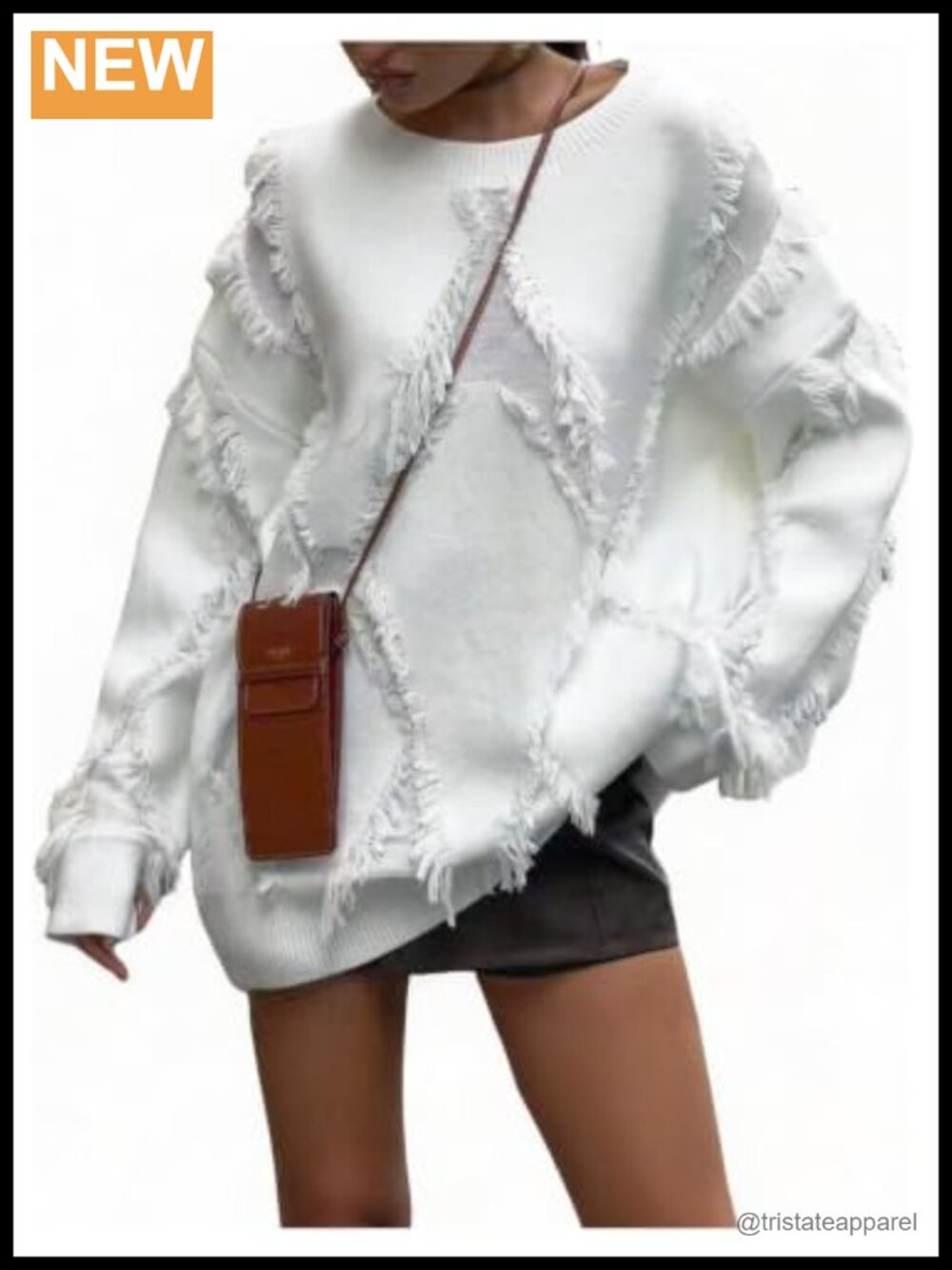 Women's Oversized Fringe Sweater Raw Trim Y2k Pullover Drop Shoulder Long